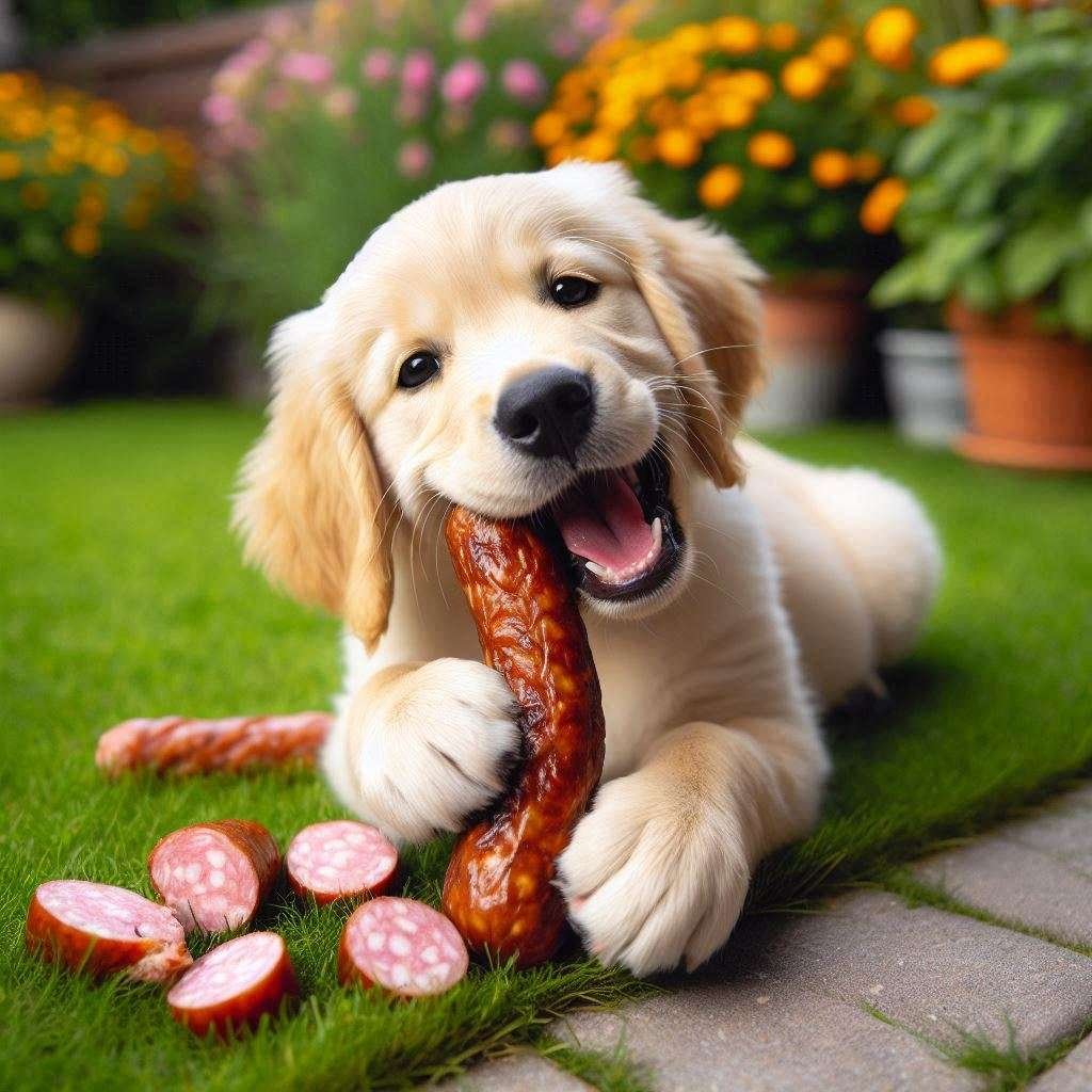 dog eating a Raw Sausage