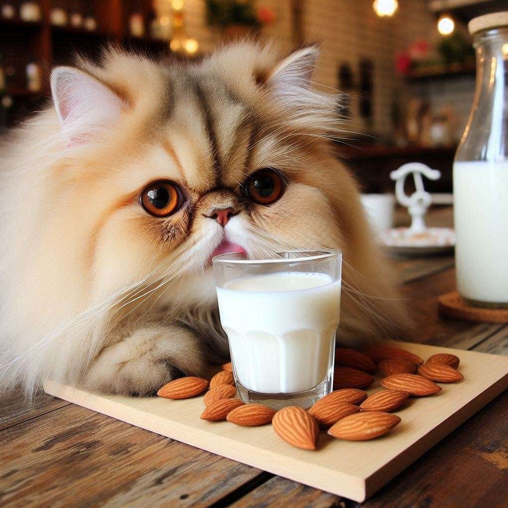 Persian cat drinking Almond milk