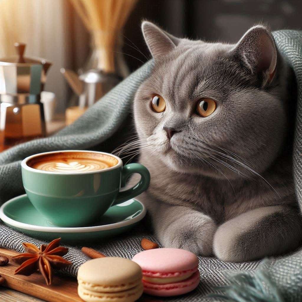 A British Shorthair cat next to a cup of coffee.