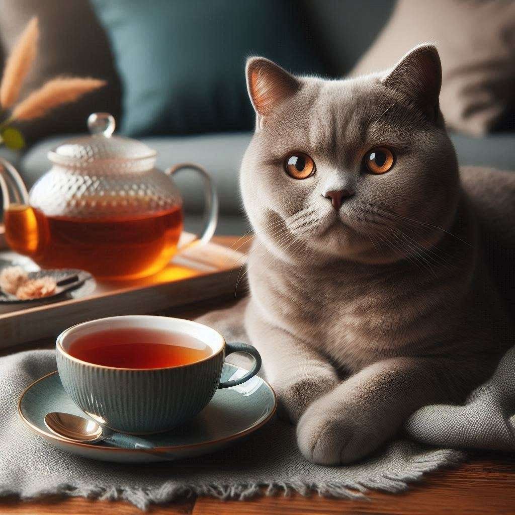 A British Shorthair cat next to a cup of tea