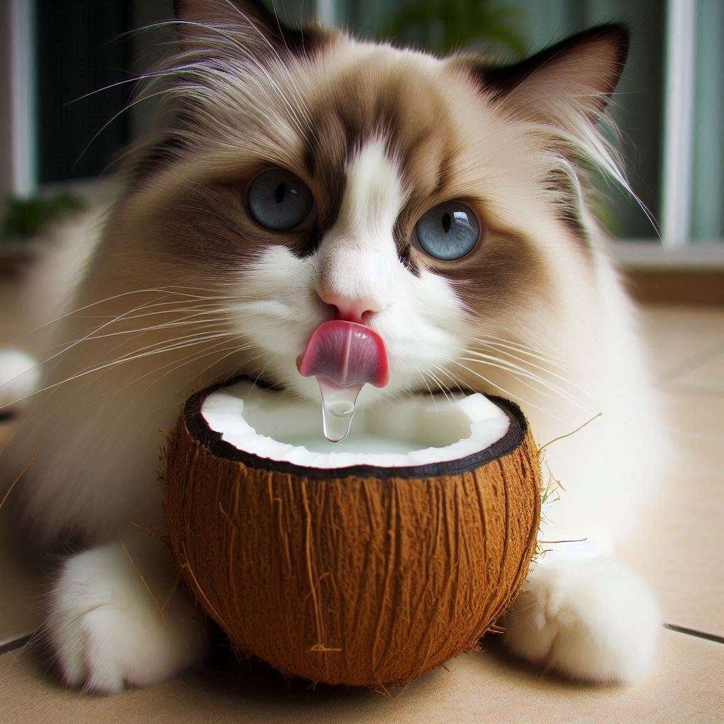 A Ragdoll cat licking coconut water