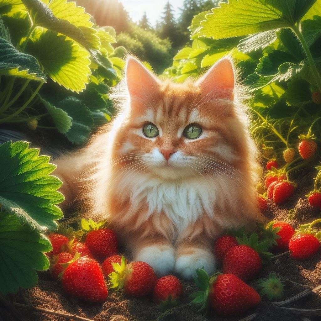 cat in strawberry garden