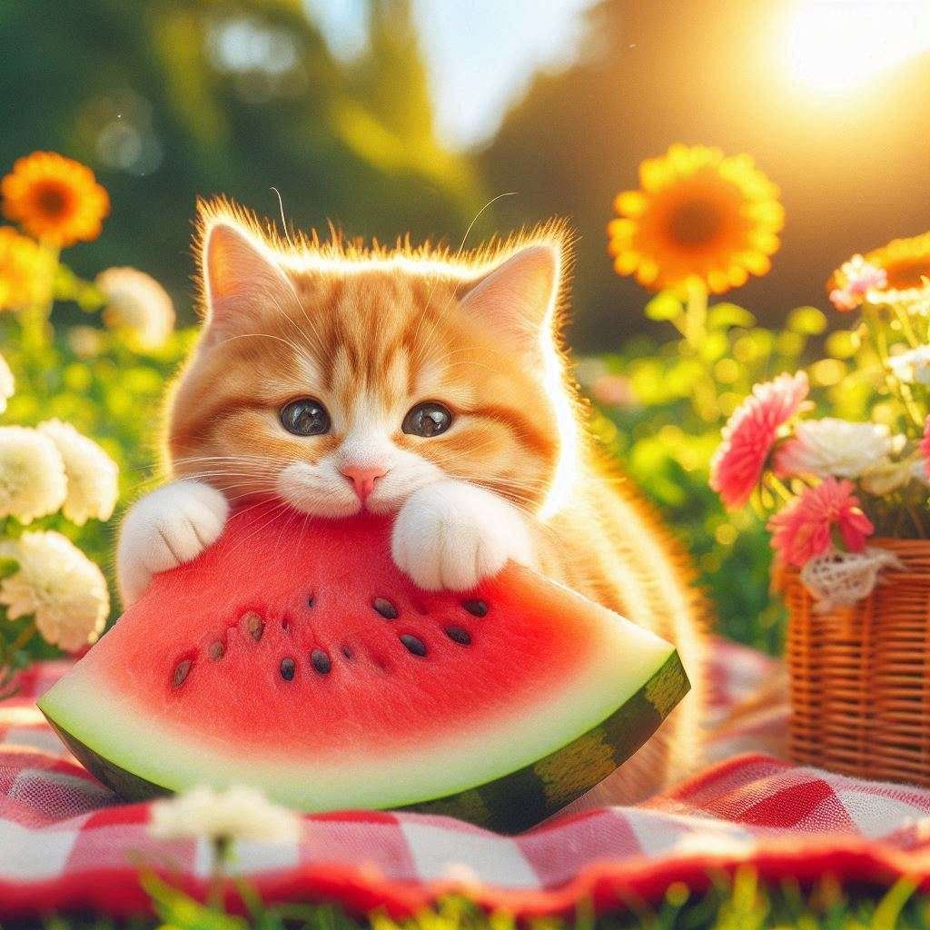 cat eating a watermelon