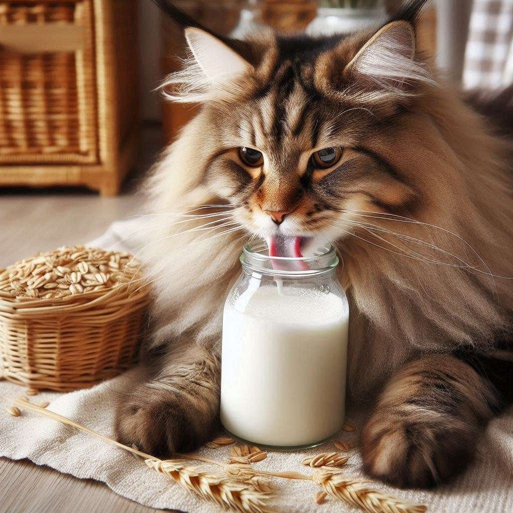 Maine Coon cat drinking Oat milk