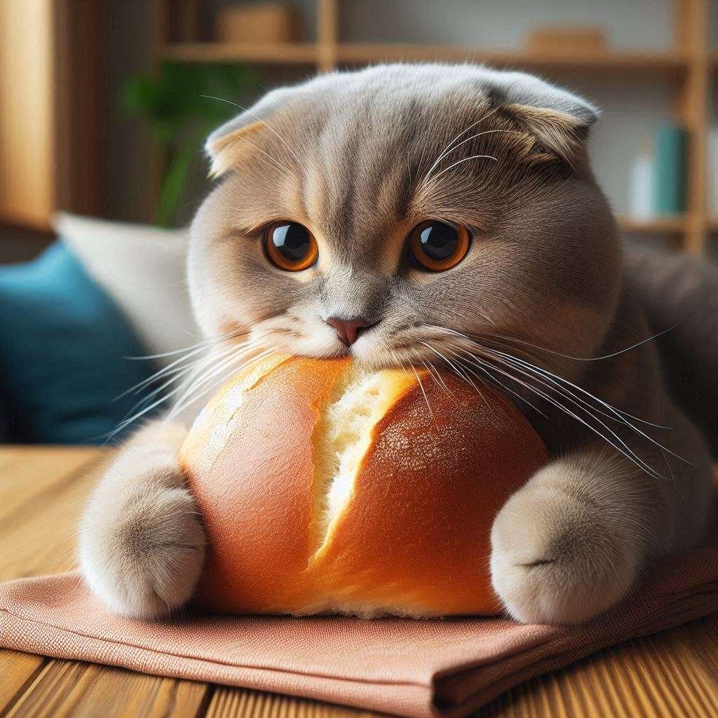 Scottish fold cat eating bread