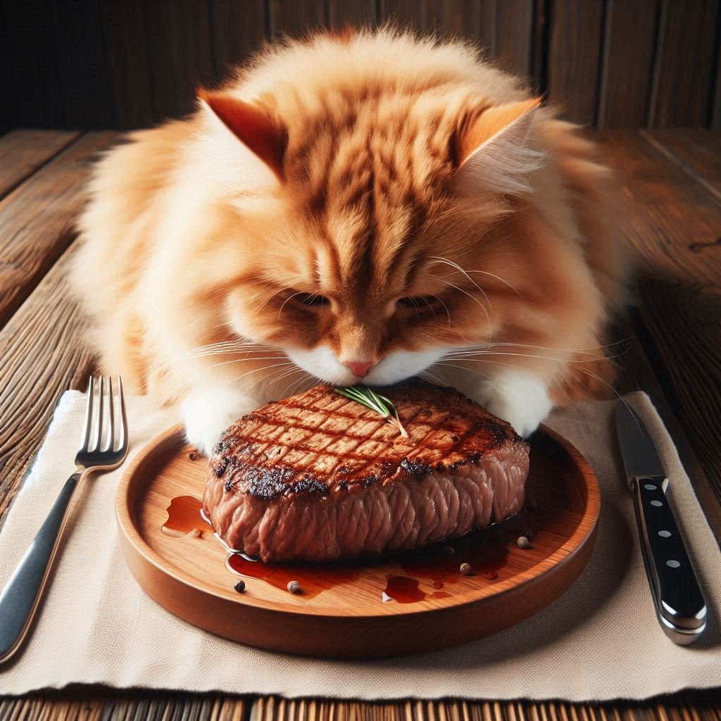 cat eating a steak