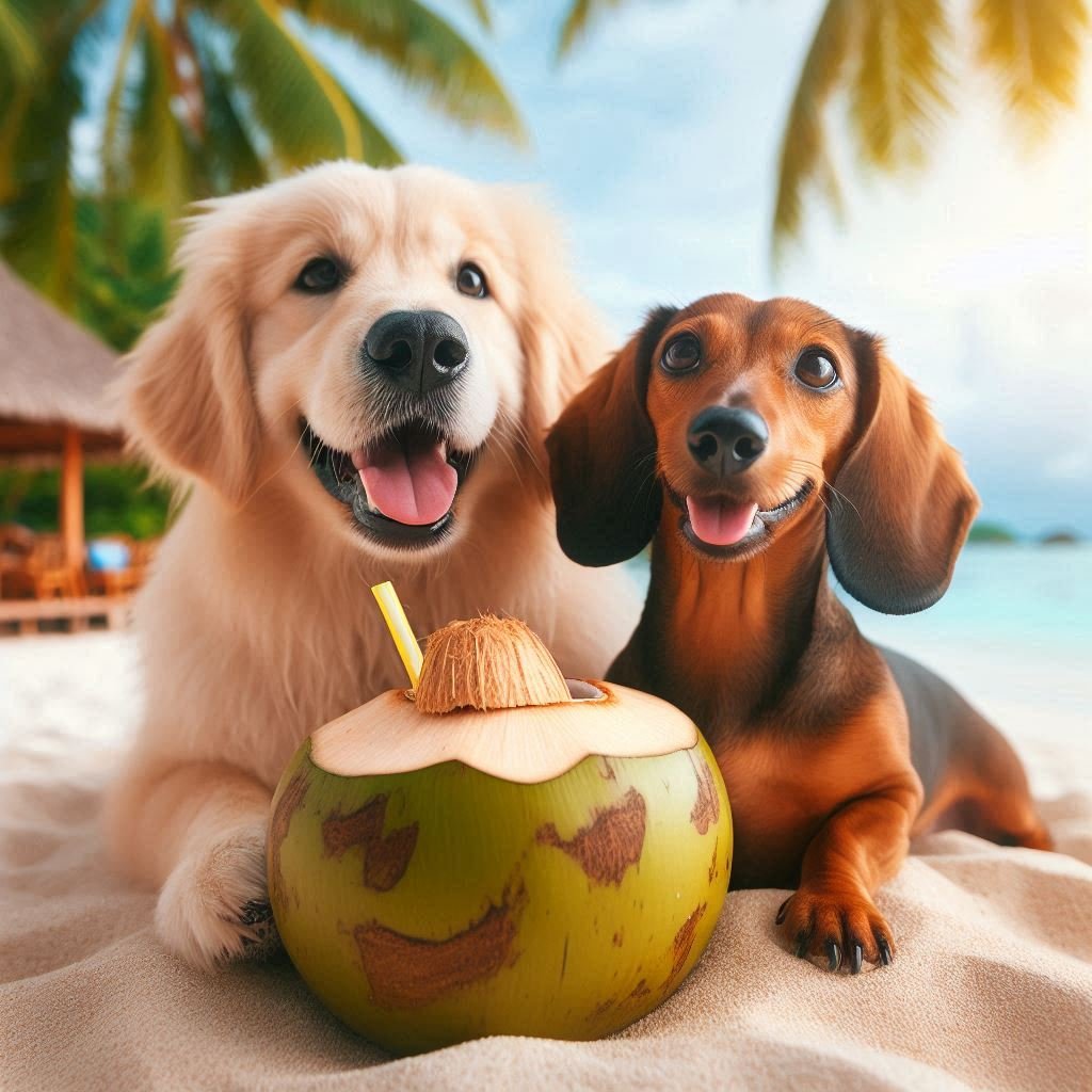 dogs drinking from a coconut