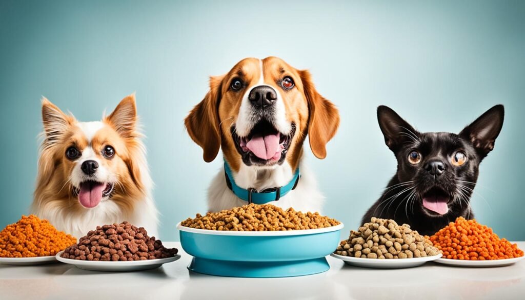 dogs eating cat food