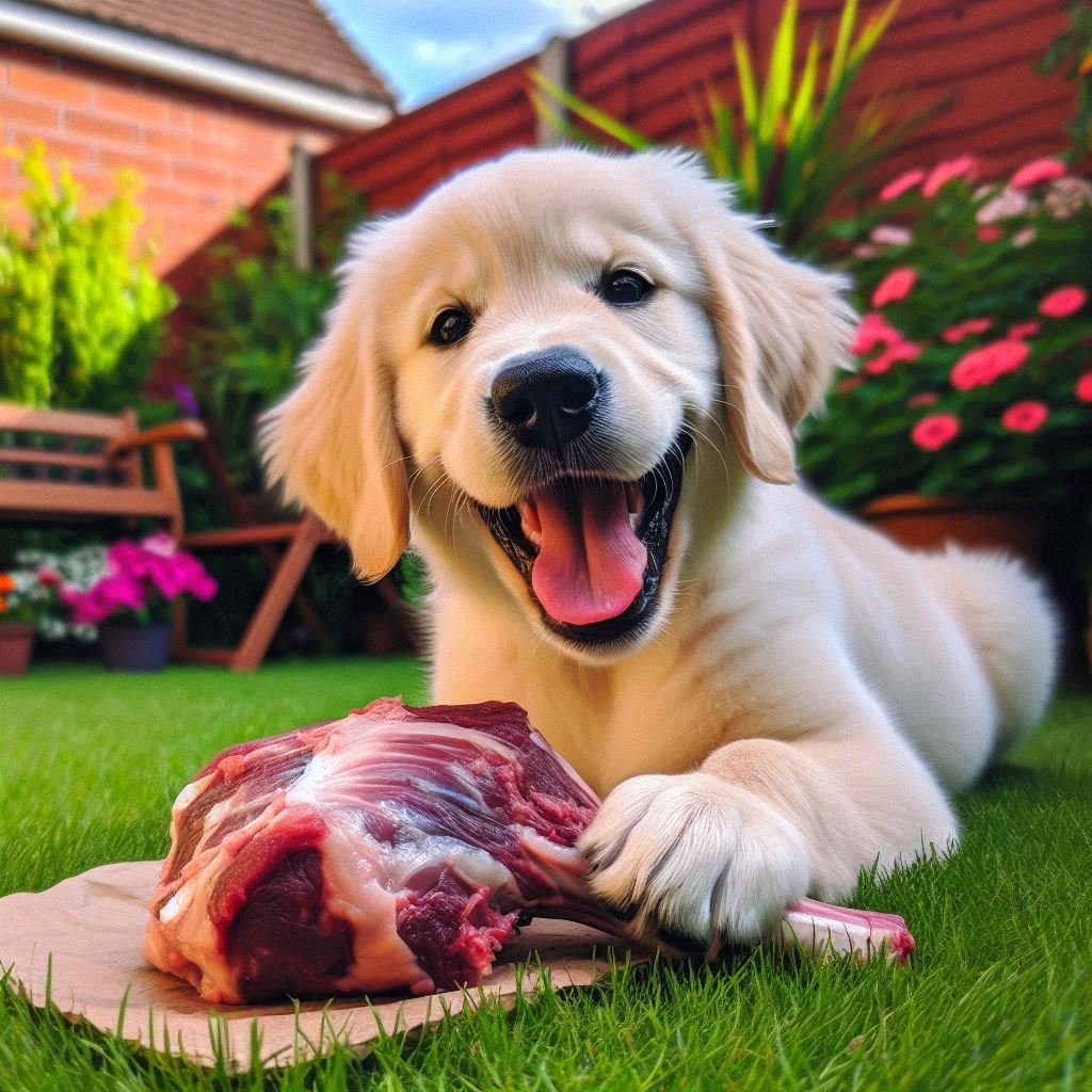 a dog eating a raw steak